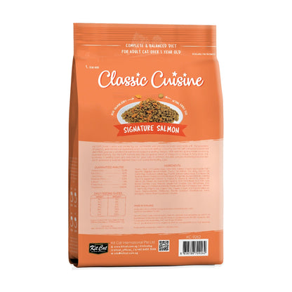 Back packaging of Kit Cat Classic Cuisine Signature Salmon dry cat food 1.2 kg