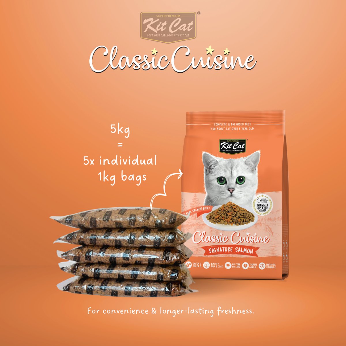 Kit Cat Classic Cuisine Signature Salmon 5 kg pack containing five individual 1 kg bags