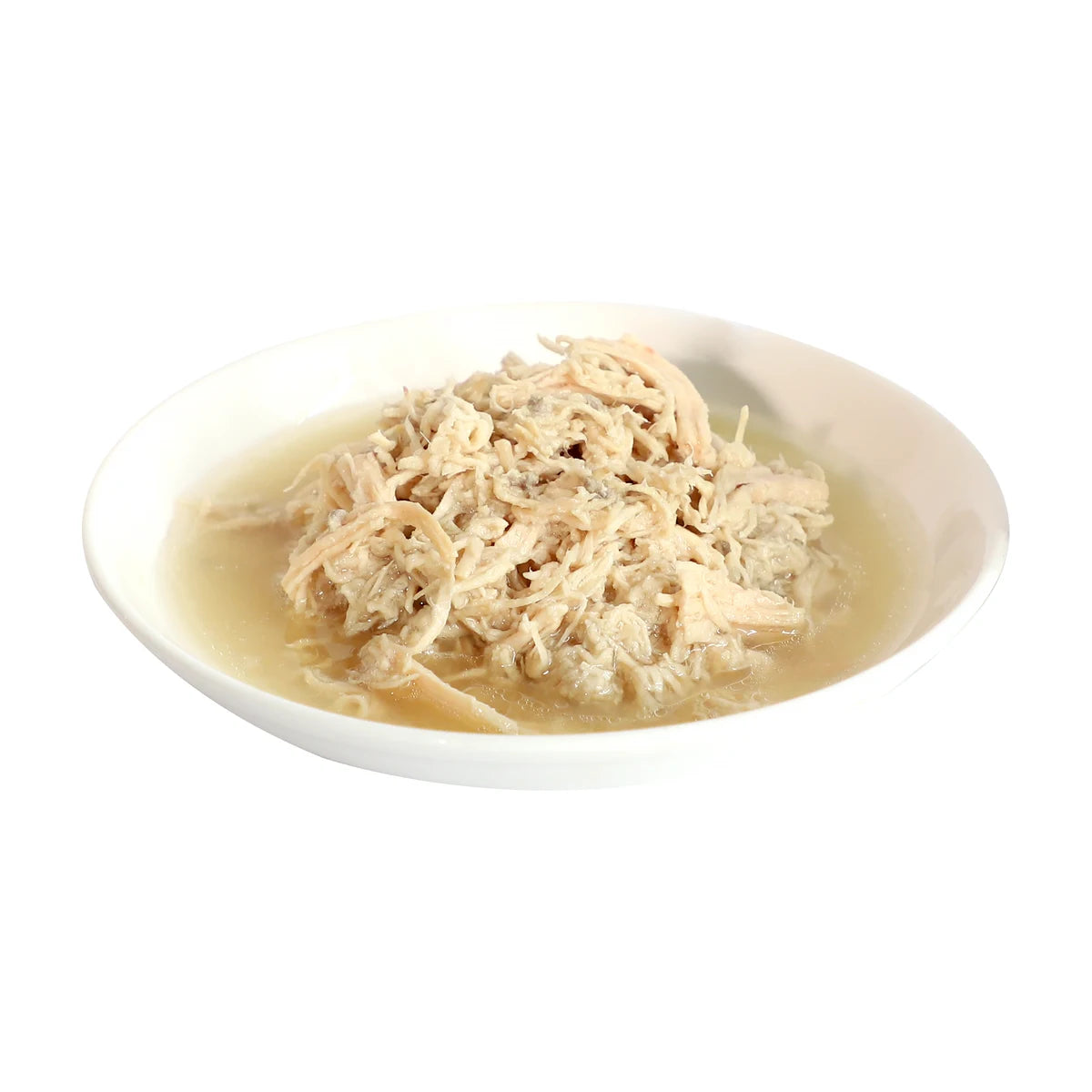 Real chicken flakes and chia seeds in broth served on a white plate