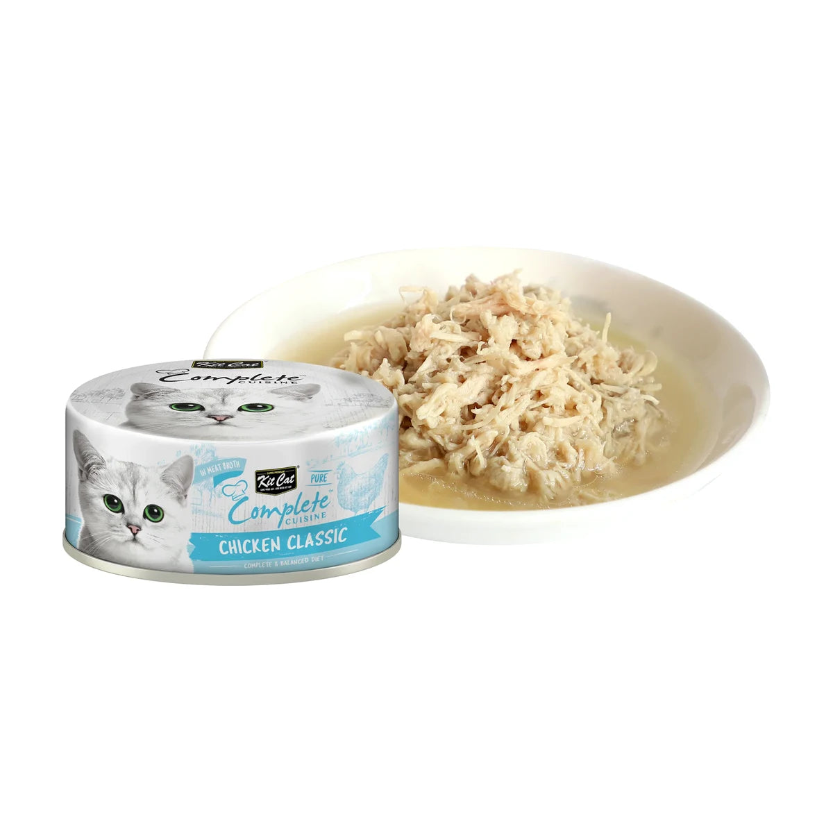 Kit Cat Complete Cuisine Chicken Classic can beside chicken flakes in broth