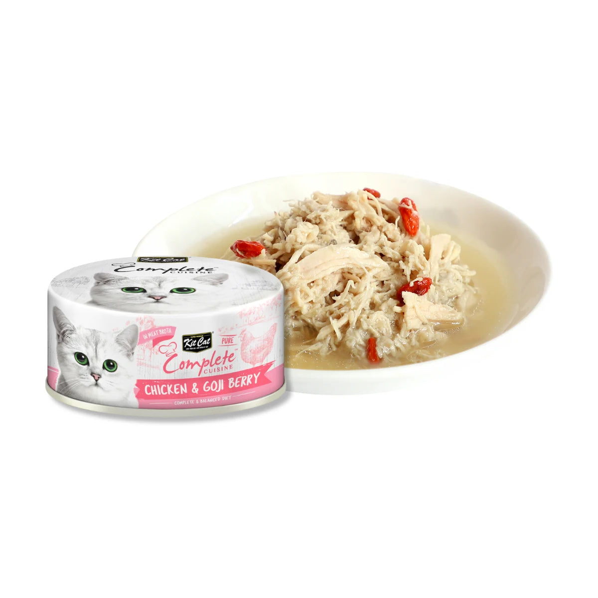 Kit Cat Complete Cuisine Chicken & Goji Berry can beside chicken flakes and goji berries in broth