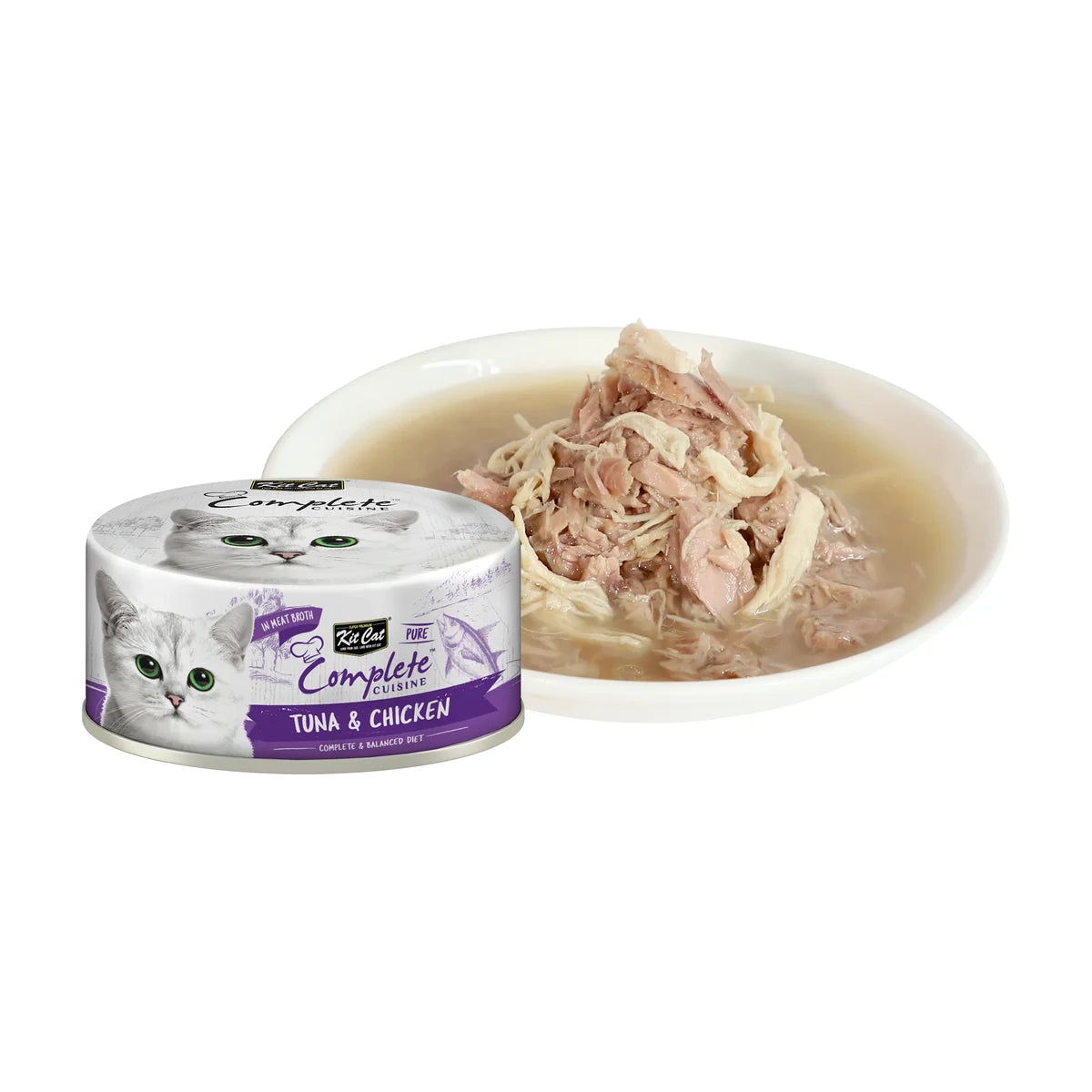 Kit Cat Complete Cuisine Tuna and Chicken wet cat food can beside tuna and chicken flakes in broth