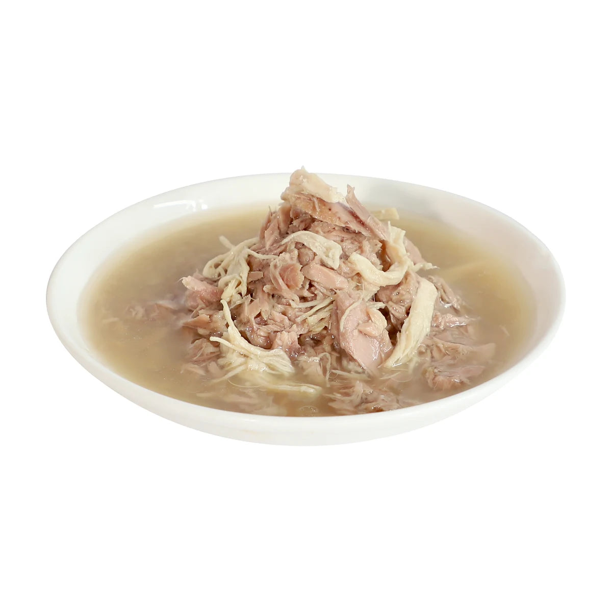 Tuna and chicken meat flakes served in broth on a white plate