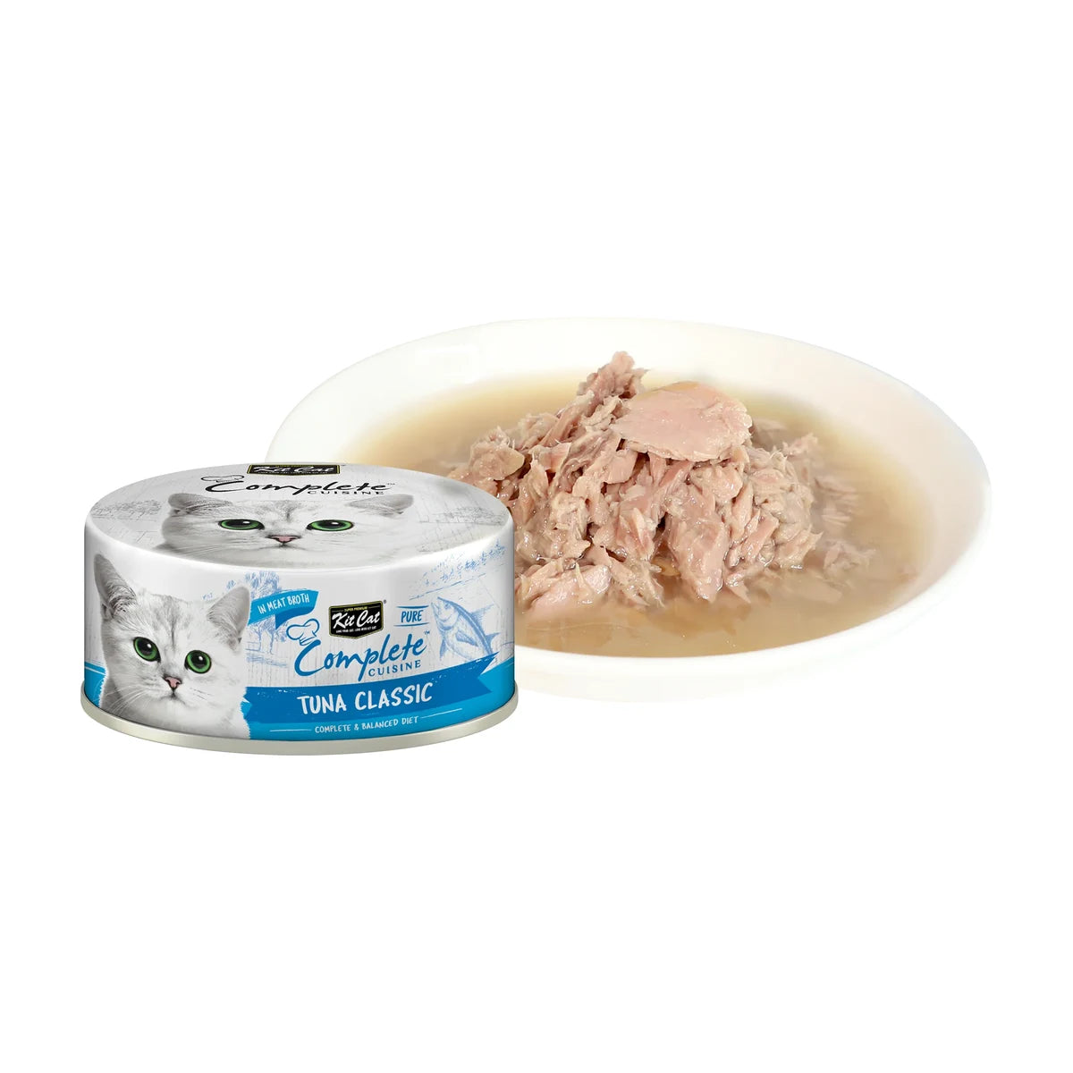 Kit Cat Complete Cuisine Tuna Classic can beside tuna flakes in broth