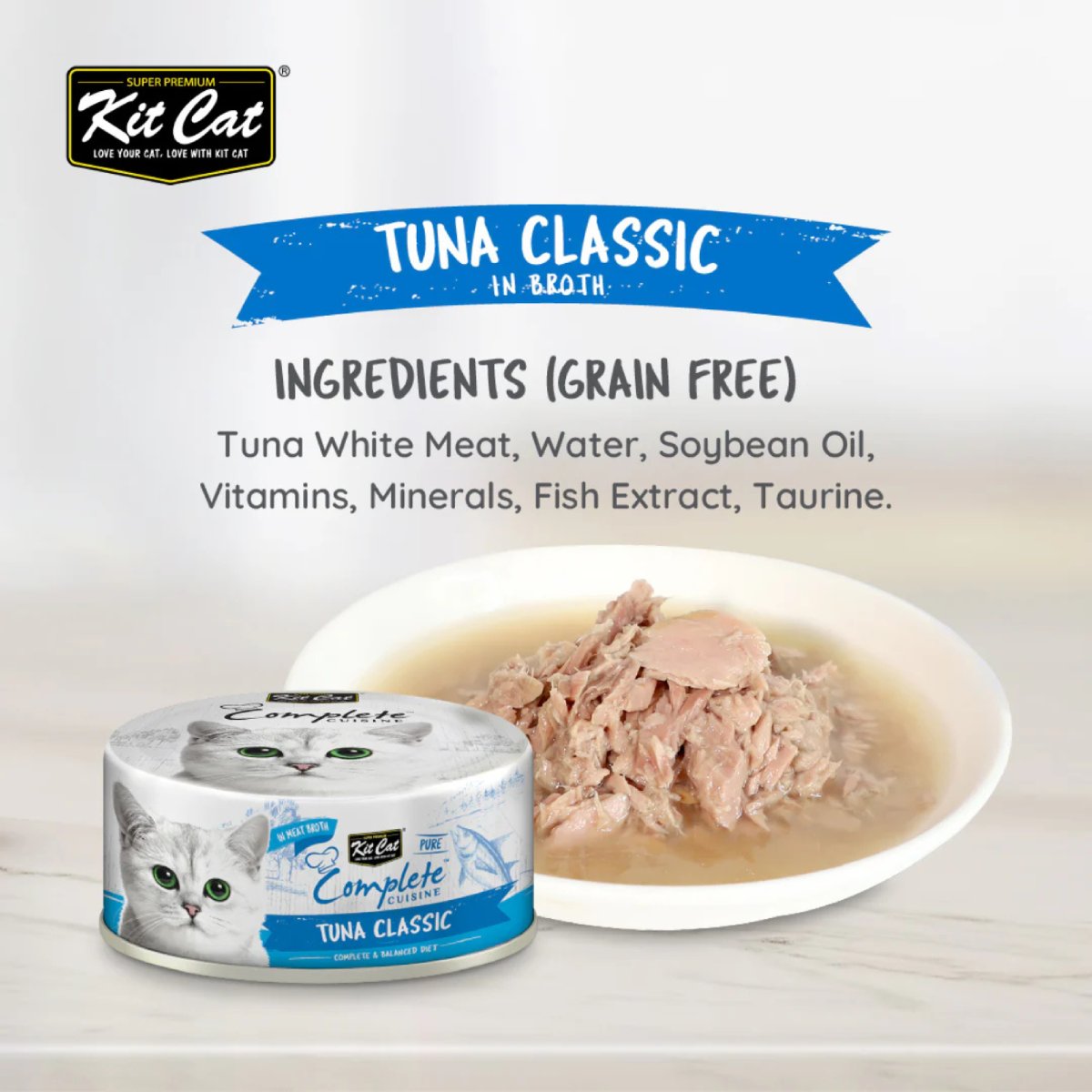 Kit Cat Complete Cuisine Tuna Classic ingredients with can and tuna flakes
