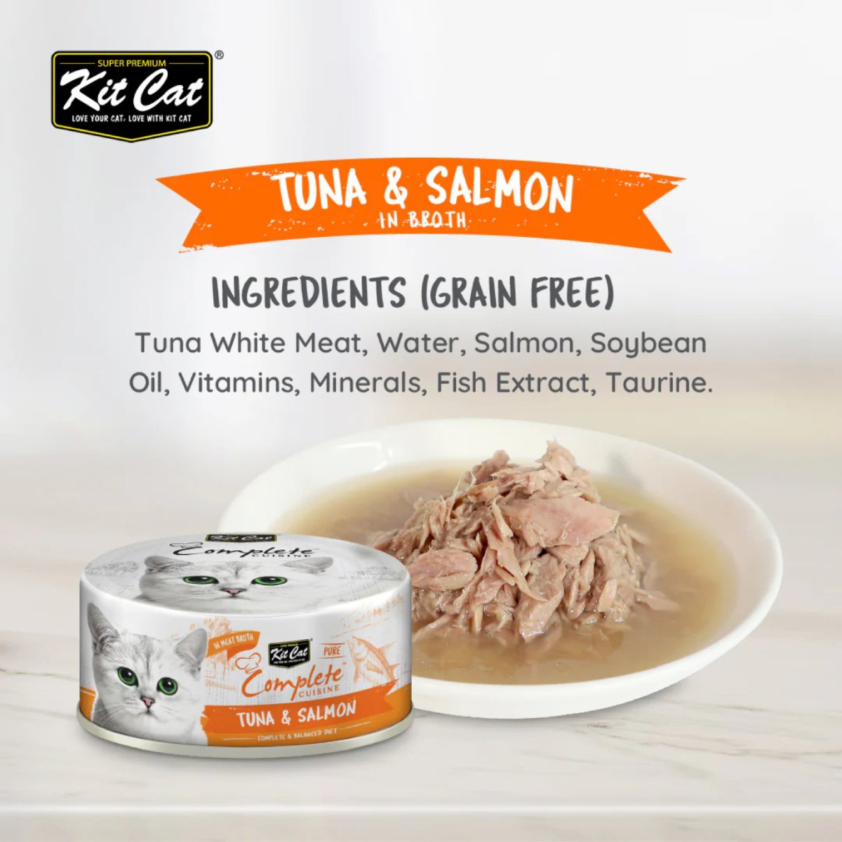 Kit Cat Complete Cuisine Tuna and Salmon ingredients with can and plated food