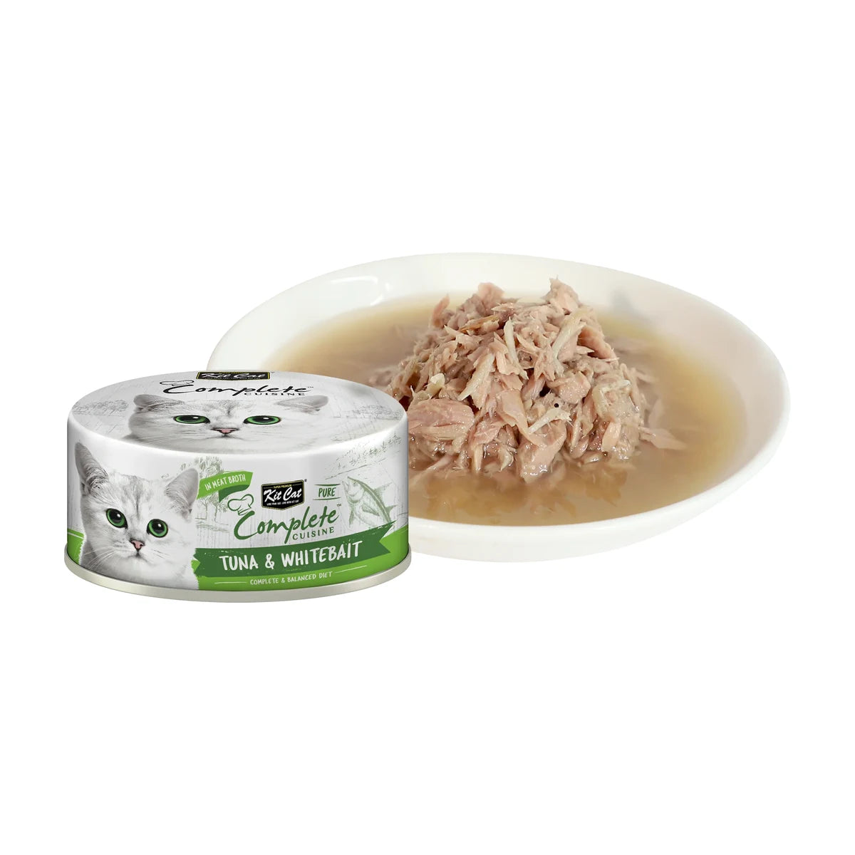 Kit Cat Complete Cuisine Tuna and Whitebait can beside seafood flakes in broth