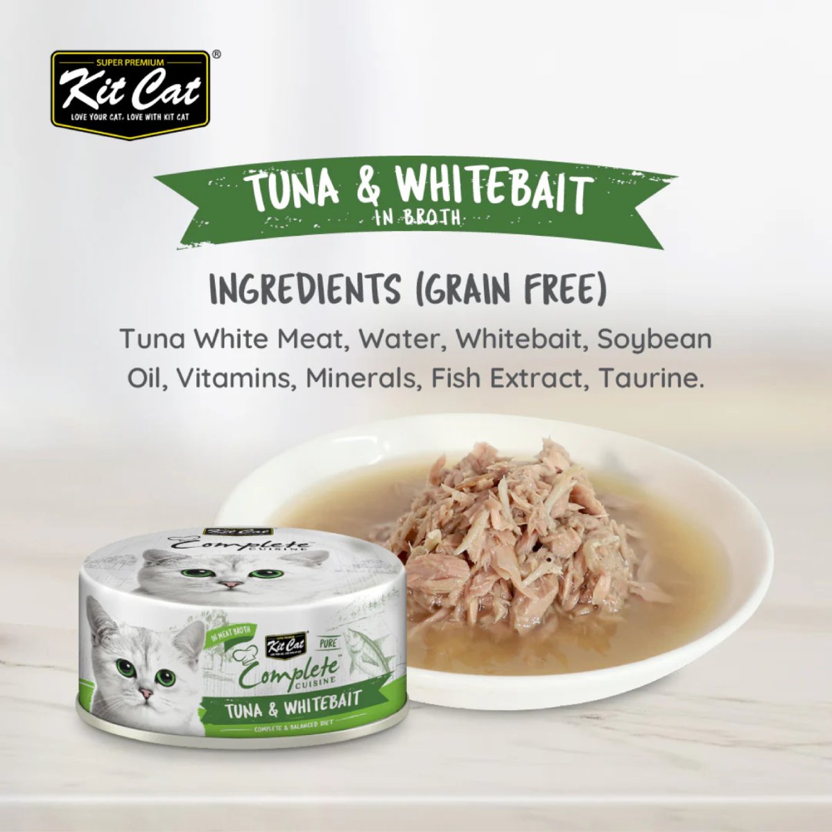 Kit Cat Complete Cuisine Tuna and Whitebait ingredients with can and plated food