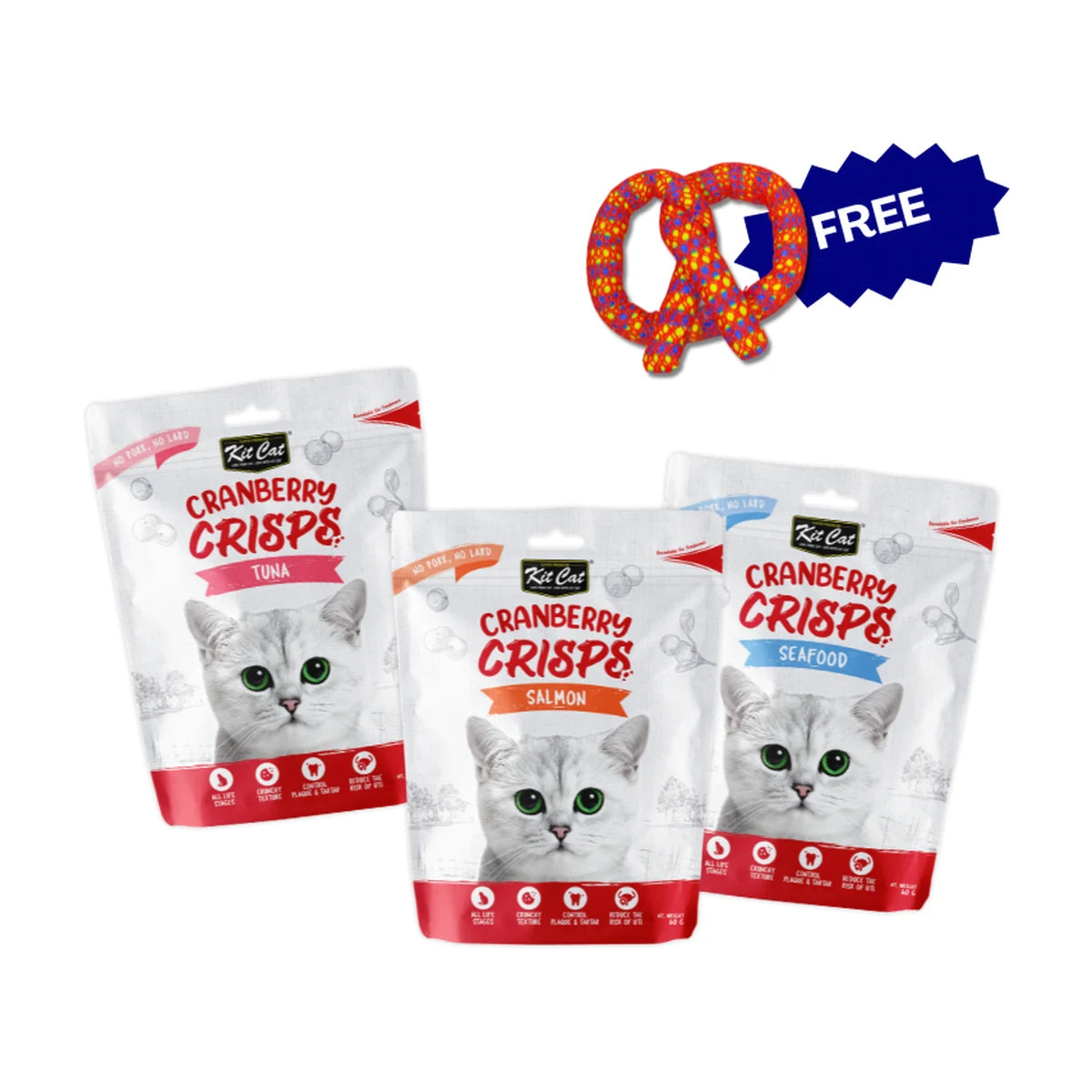 Kit Cat Cranberry Crisps Tuna, Salmon and Seafood 3-pack with free Catstages catnip pretzel