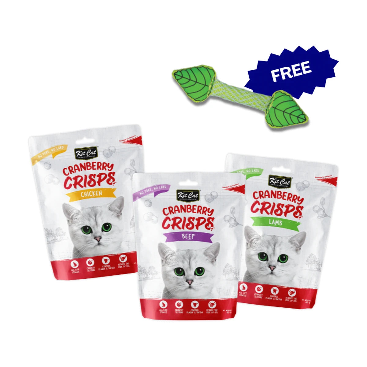 Kit Cat Cranberry Crisps Chicken, Beef and Lamb 3-pack with free Catstages Fresh Breath Mint Stick