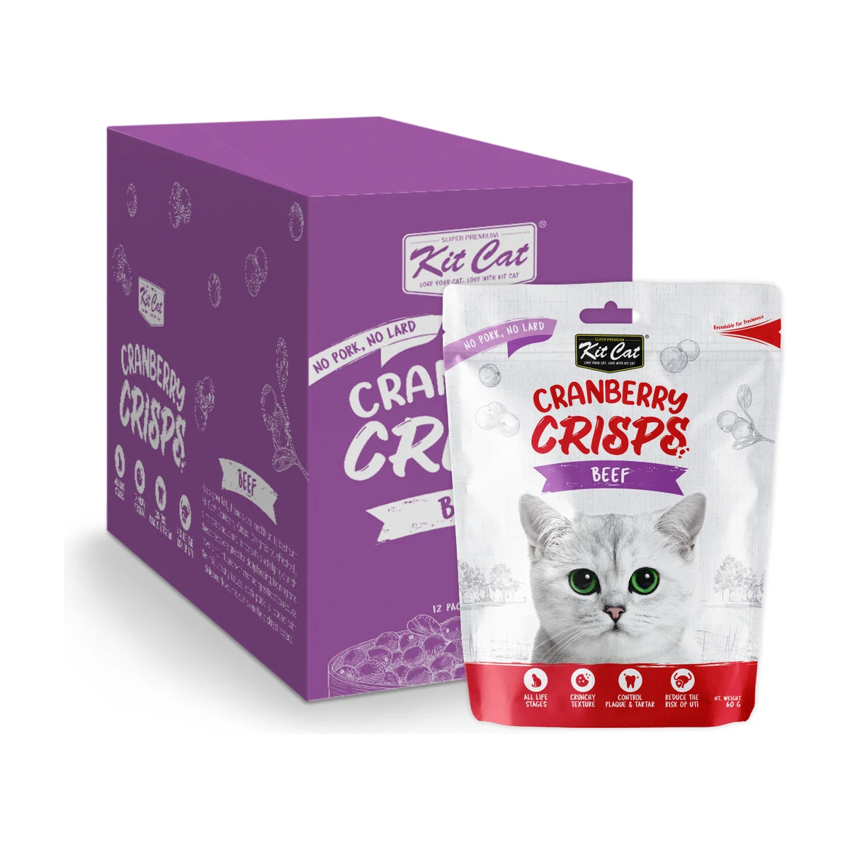 Kit Cat Cranberry Crisps Beef Cat Treats 12 x 60g bulk pack showing purple display carton and individual 60g beef-flavoured crunchy cat treat pouch.