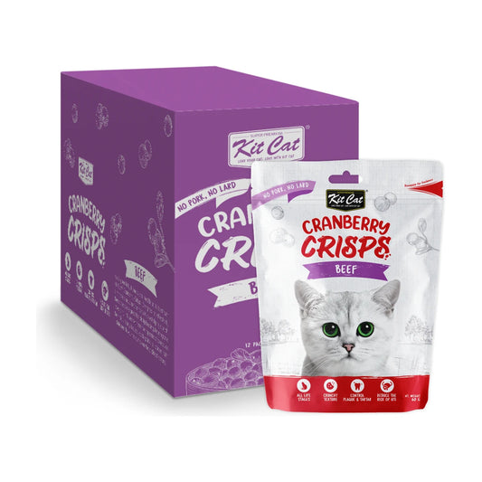 Kit Cat Cranberry Crisps Beef Cat Treats 12 x 60g bulk pack showing purple display carton and individual 60g beef-flavoured crunchy cat treat pouch.