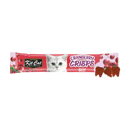 Kit Cat Cranberry Crisps Beef Cat Treats individual 20g sachet in red and purple packaging, displayed with three crunchy tooth-shaped treats.