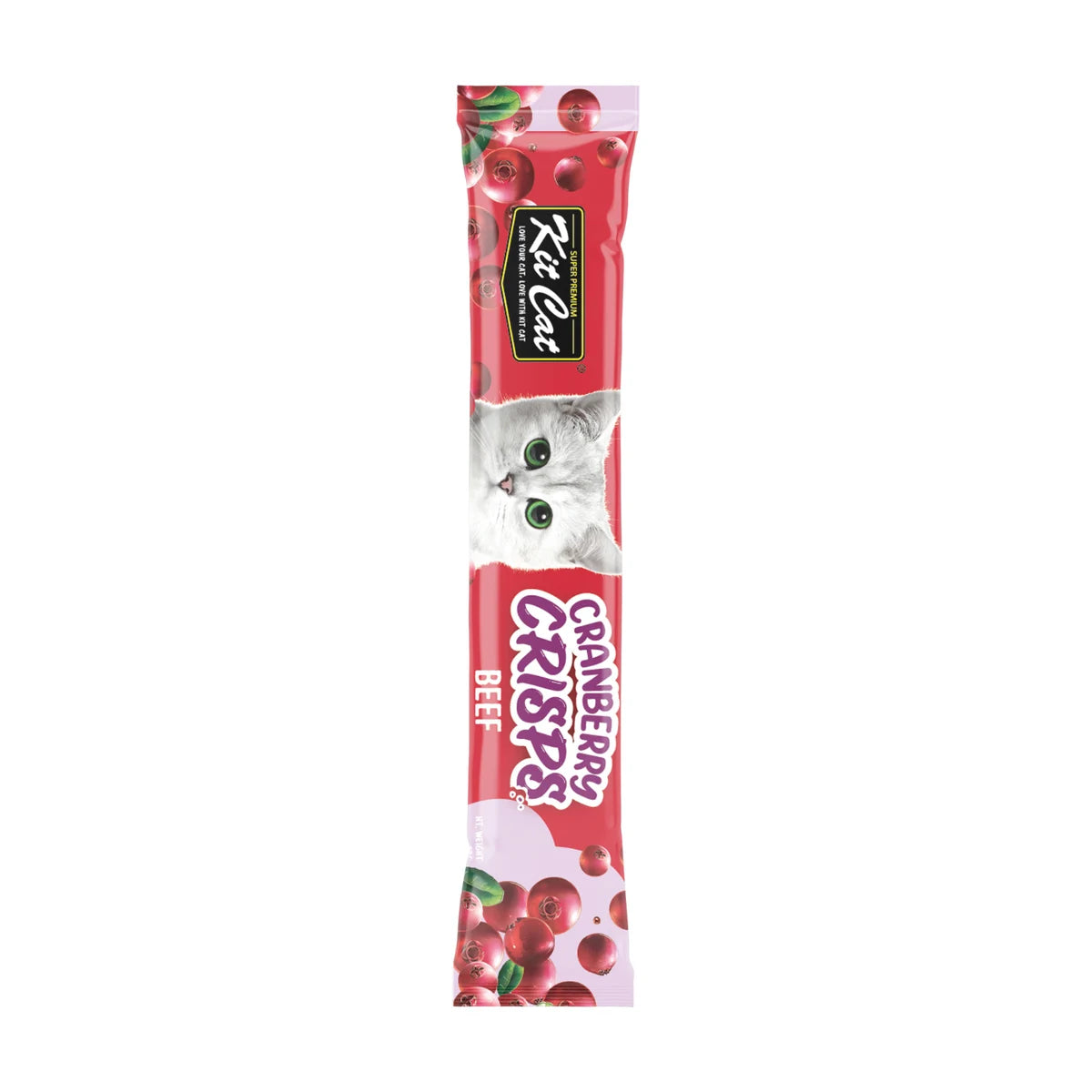 Vertical Kit Cat Cranberry Crisps Beef 20g cat treat sachet with cranberry illustrations, purple accents and a white kitten on the packaging.
