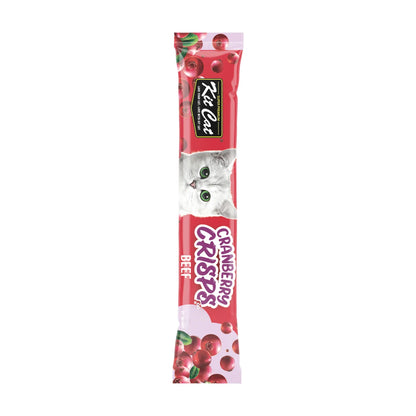 Vertical Kit Cat Cranberry Crisps Beef 20g cat treat sachet with cranberry illustrations, purple accents and a white kitten on the packaging.