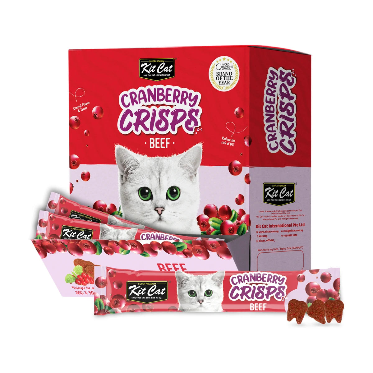 Kit Cat Cranberry Crisps Beef Cat Treats bulk box of 50 x 20g sachets shown with an individual beef-flavoured treat packet and three crunchy tooth-shaped pieces.