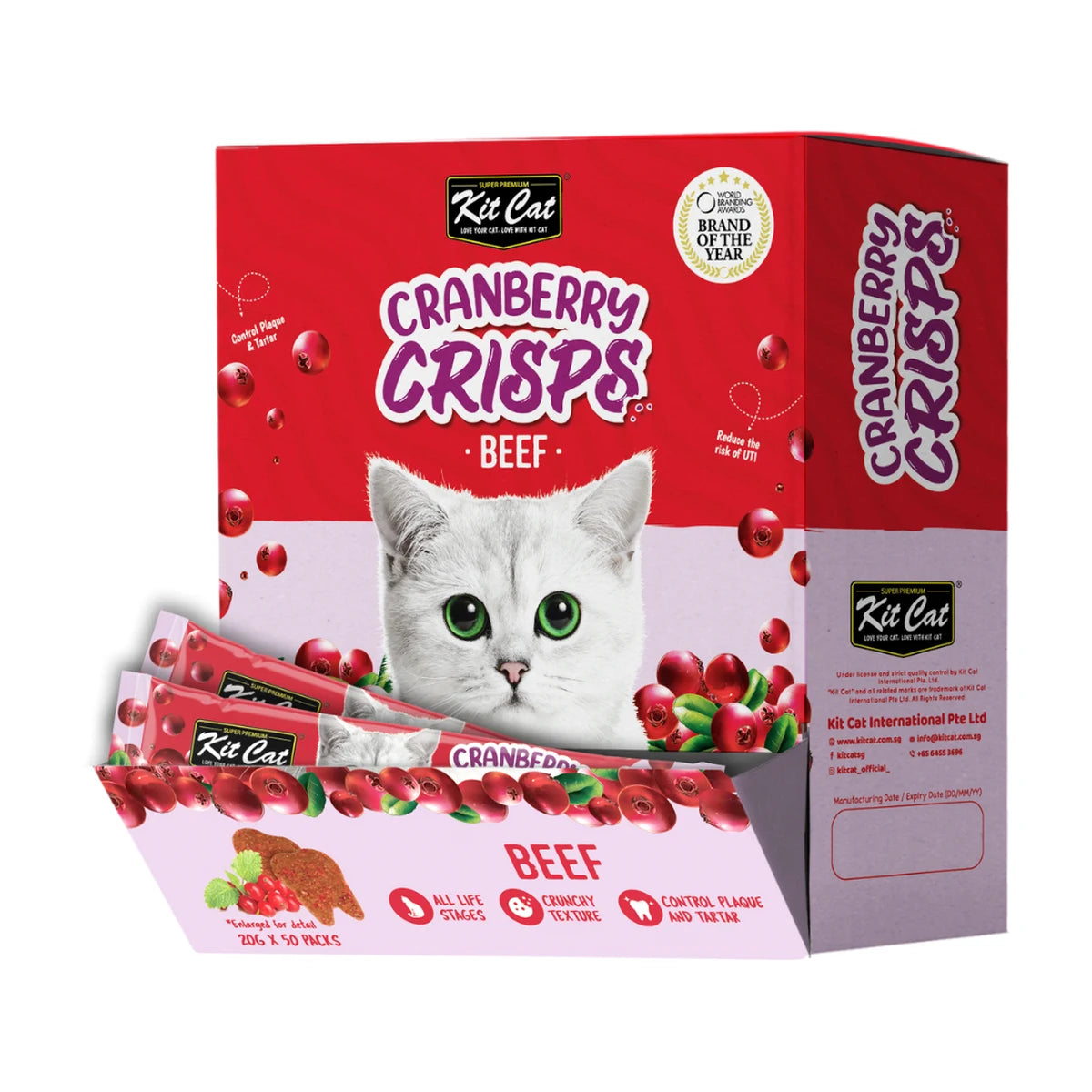 Kit Cat Cranberry Crisps Beef Cat Treats bulk display box containing 50 individual 20g sachets, with red and purple packaging and a white kitten design.