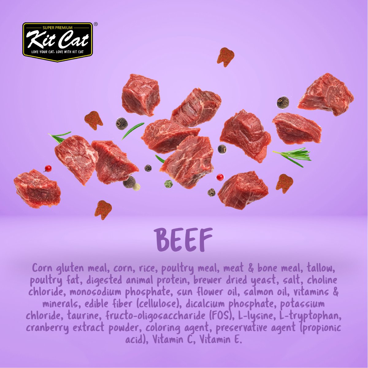 Kit Cat Cranberry Crisps Beef flavour ingredient infographic showing beef cube illustrations, tooth-shaped cat treats and ingredient information on a purple background.