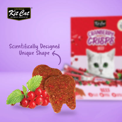 Close-up of Kit Cat Cranberry Crisps Beef crunchy tooth-shaped cat treats with cranberry illustrations, purple background and product box.