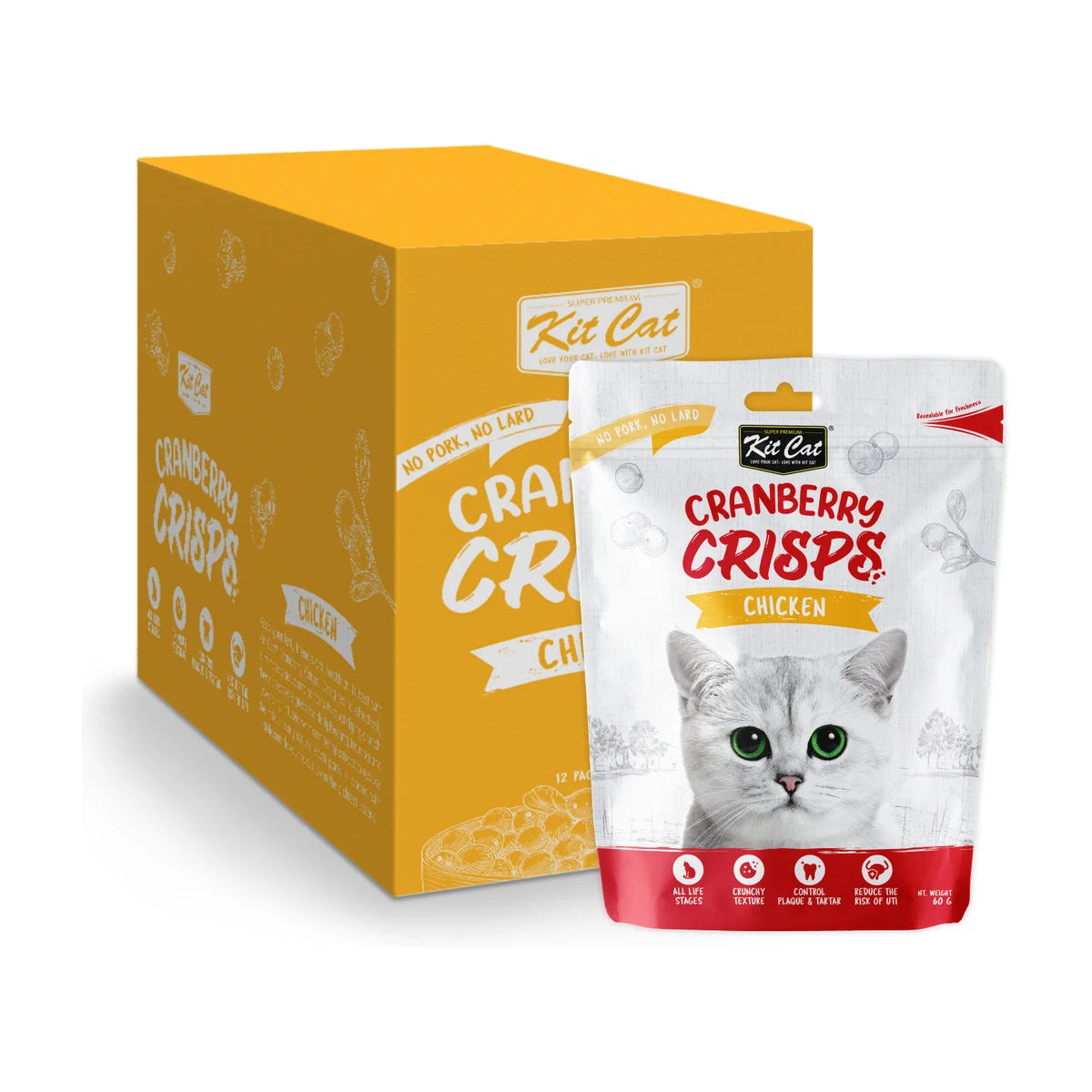 Kit Cat Cranberry Crisps Chicken Cat Treats 12 x 60g bulk pack showing yellow-orange display carton and individual 60g chicken-flavoured crunchy cat treat pouch.
