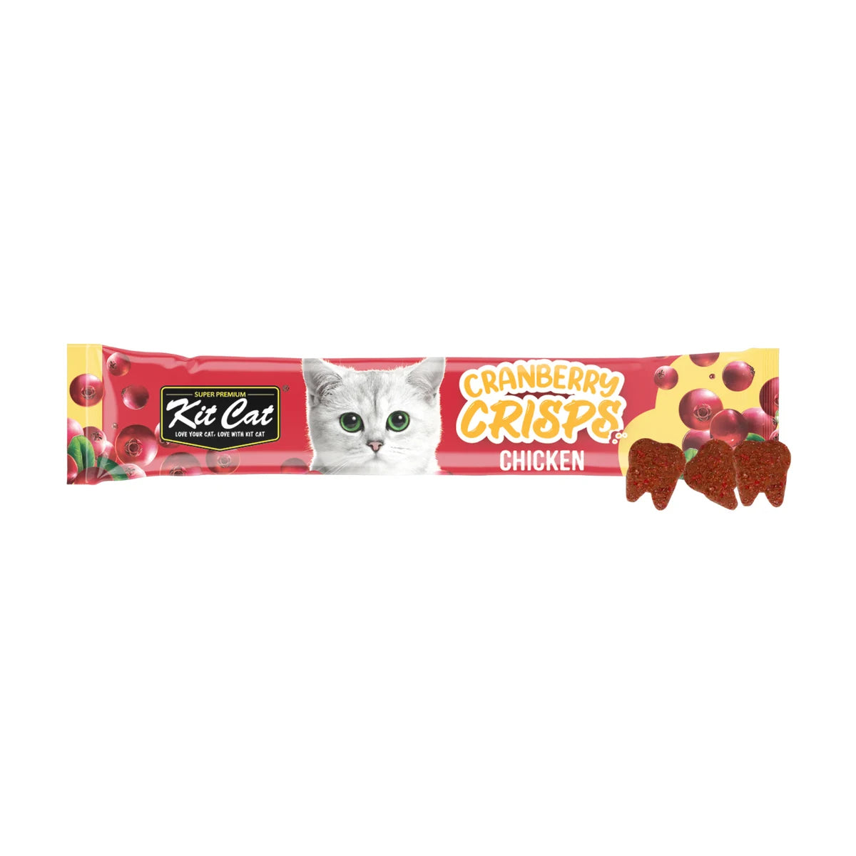 Kit Cat Cranberry Crisps Chicken Cat Treats 20g sachet displayed horizontally with three crunchy tooth-shaped cat treats on a white background.