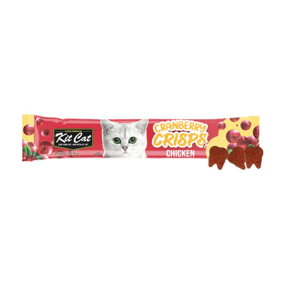 Kit Cat Cranberry Crisps Chicken Cat Treats 20g sachet displayed horizontally with three crunchy tooth-shaped cat treats on a white background.