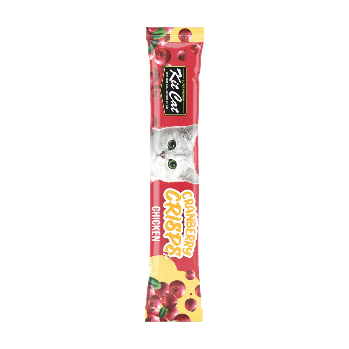 Individual 20g Kit Cat Cranberry Crisps Chicken cat treat sachet in red and yellow packaging with white kitten and cranberry illustrations.