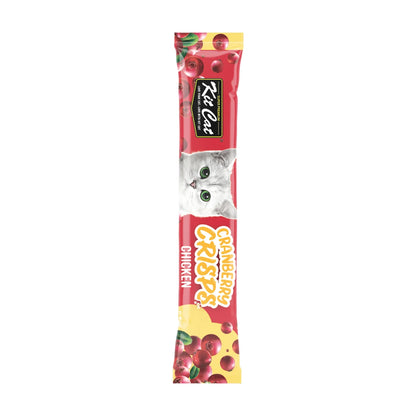 Individual 20g Kit Cat Cranberry Crisps Chicken cat treat sachet in red and yellow packaging with white kitten and cranberry illustrations.