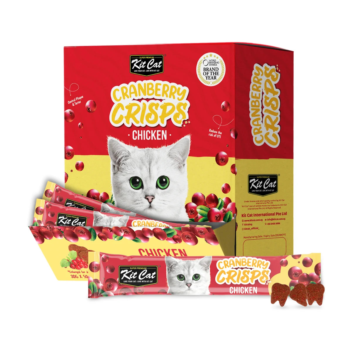 Kit Cat Cranberry Crisps Chicken Cat Treats bulk display box containing 50 x 20g sachets, shown with individual packs and crunchy tooth-shaped treats.