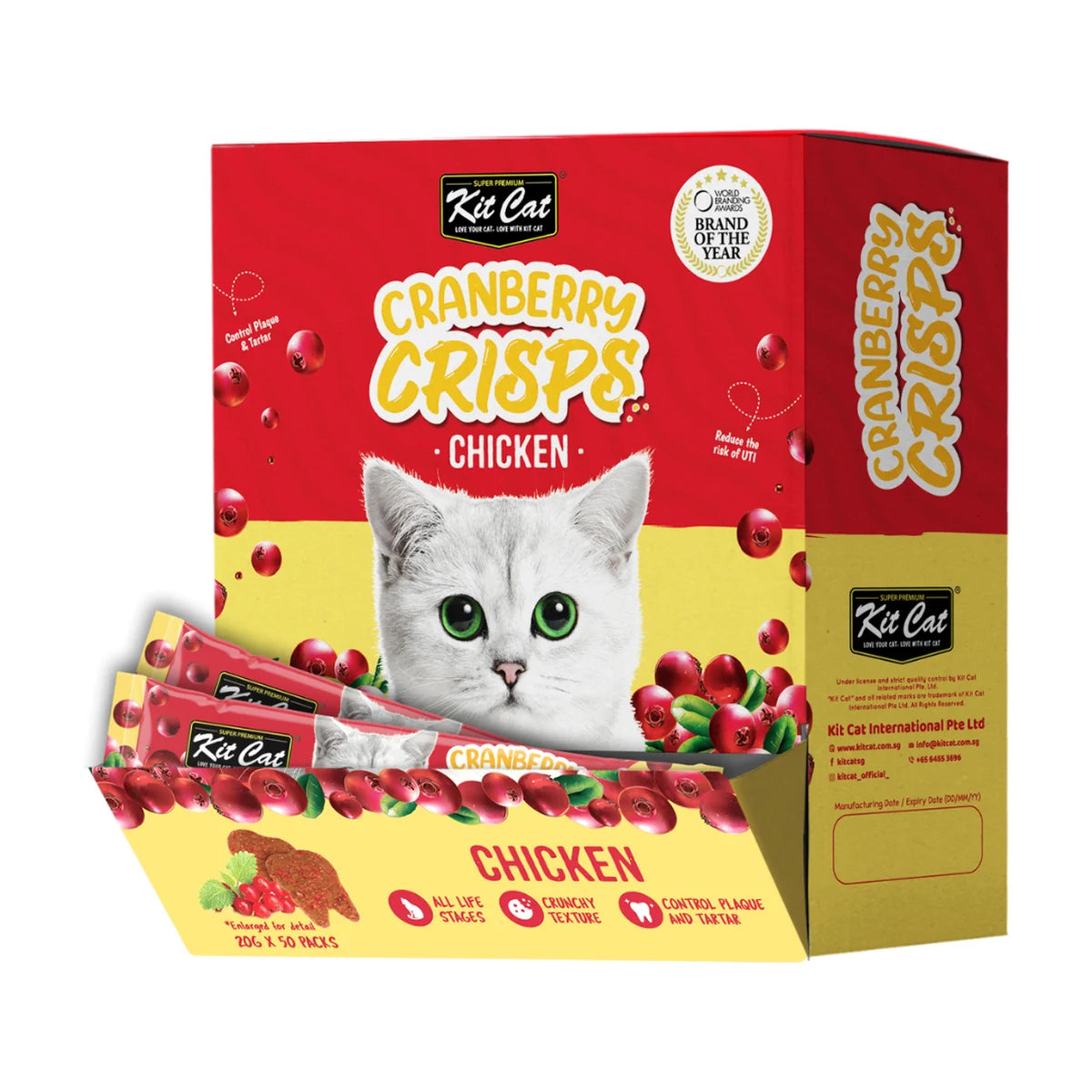 Kit Cat Cranberry Crisps Chicken bulk display box with red and yellow packaging, white kitten design and individually packed 20g cat treat sachets.