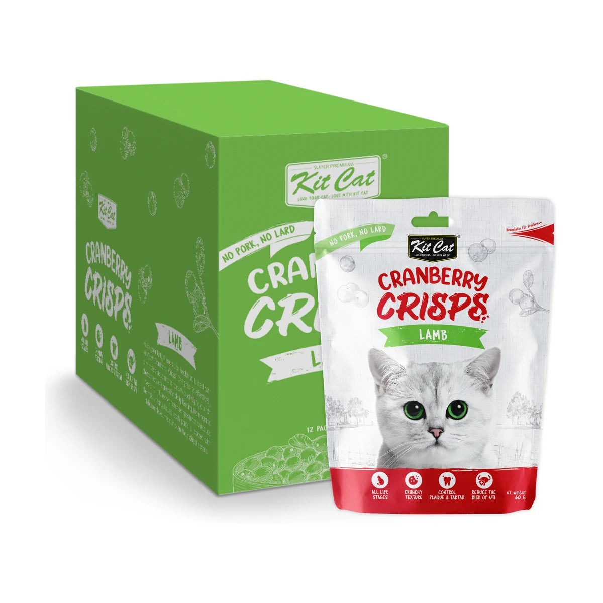Kit Cat Cranberry Crisps Lamb Cat Treats 12 x 60g bulk pack showing green display carton and individual 60g lamb-flavoured crunchy cat treat pouch with white cat packaging.