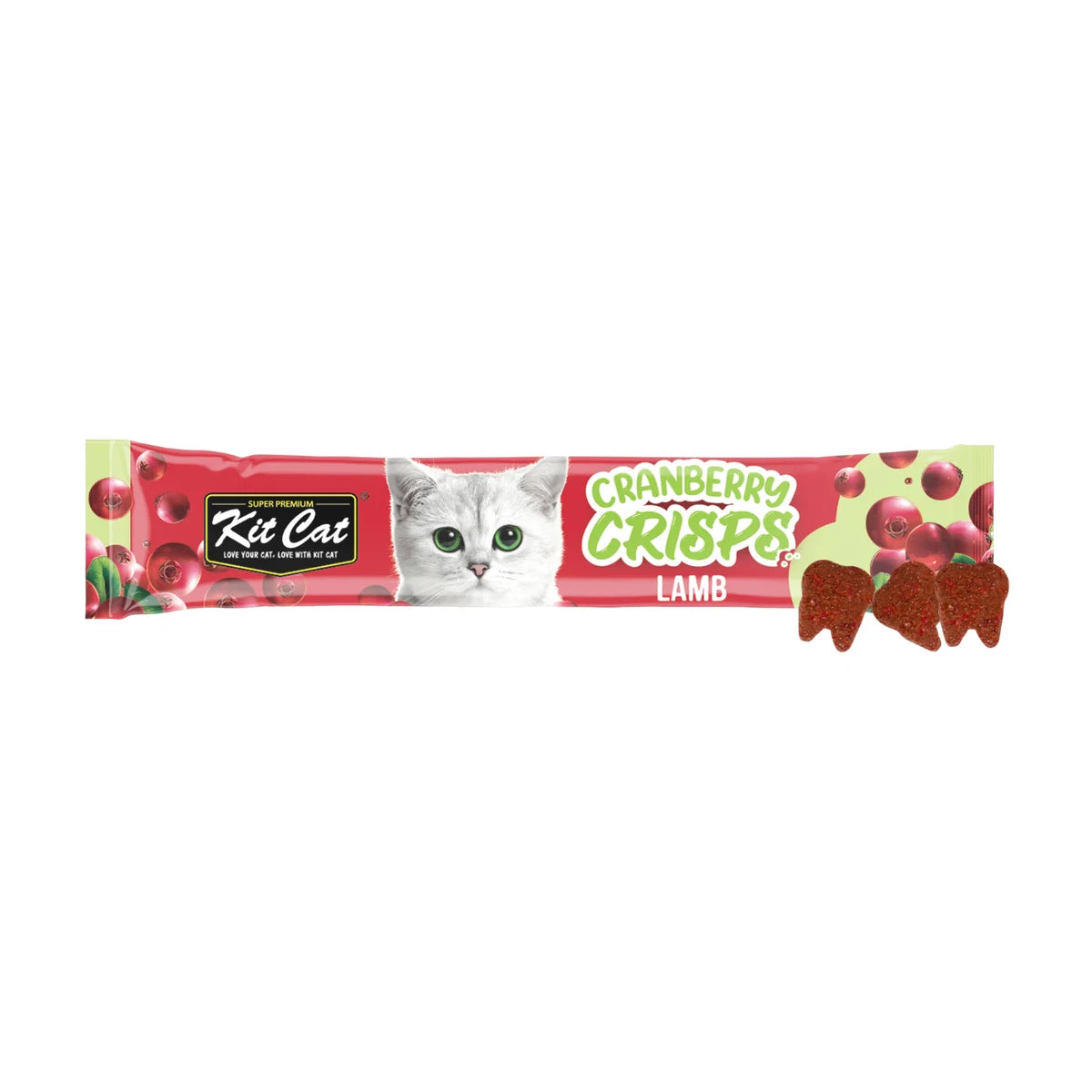 Kit Cat Cranberry Crisps Lamb 20g cat treat sachet displayed horizontally with three crunchy tooth-shaped treats on a white background.