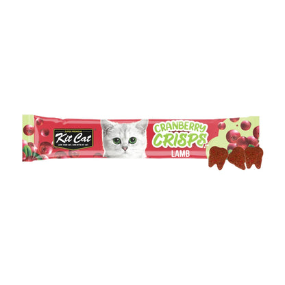 Kit Cat Cranberry Crisps Lamb 20g cat treat sachet displayed horizontally with three crunchy tooth-shaped treats on a white background.