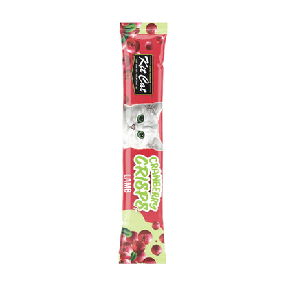 Individual 20g Kit Cat Cranberry Crisps Lamb cat treat sachet with red and light green packaging, cranberry illustrations and white kitten design.