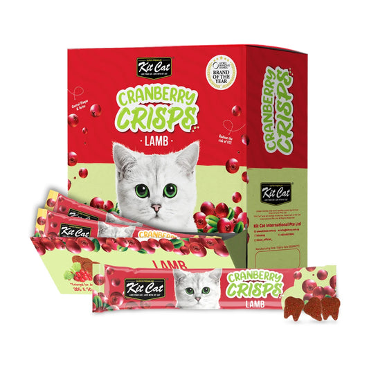 Kit Cat Cranberry Crisps Lamb Cat Treats box of 50 x 20g sachets displayed with an individual lamb-flavoured sachet and three crunchy tooth-shaped cat treats.