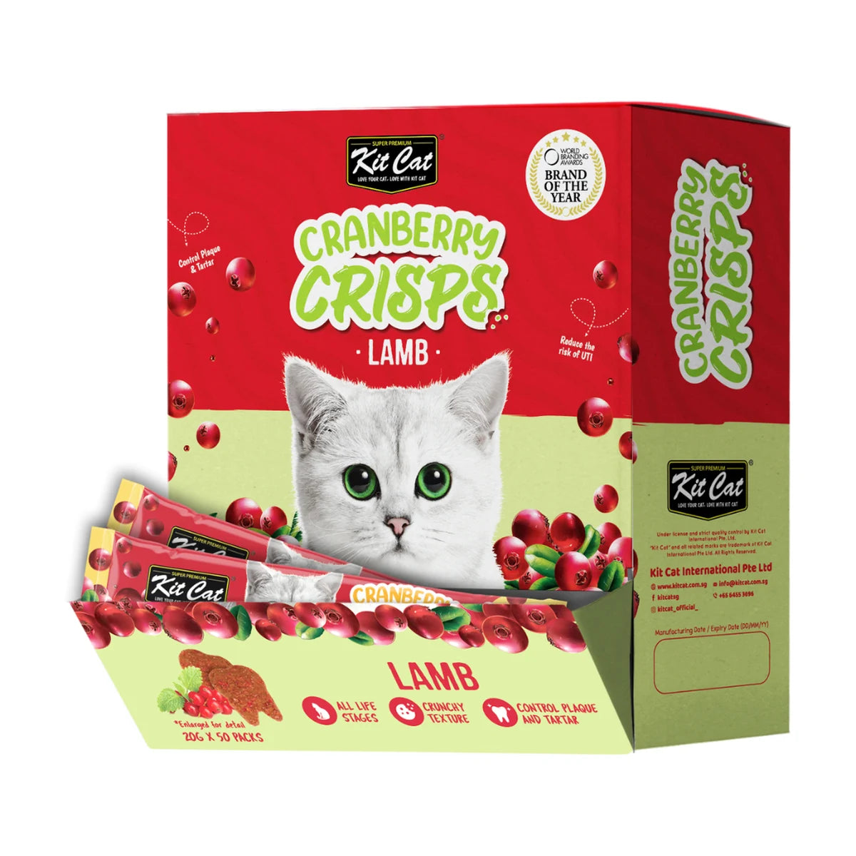 Kit Cat Cranberry Crisps Lamb Cat Treats bulk display box containing 50 individual 20g sachets, with red and green packaging and white kitten design.