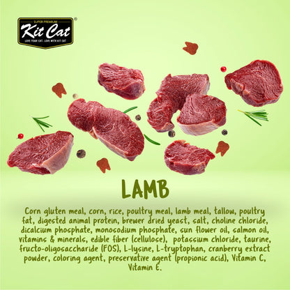 Kit Cat Cranberry Crisps Lamb flavour ingredient infographic showing lamb meat illustrations, tooth-shaped cat treats and an ingredient list on a green background.