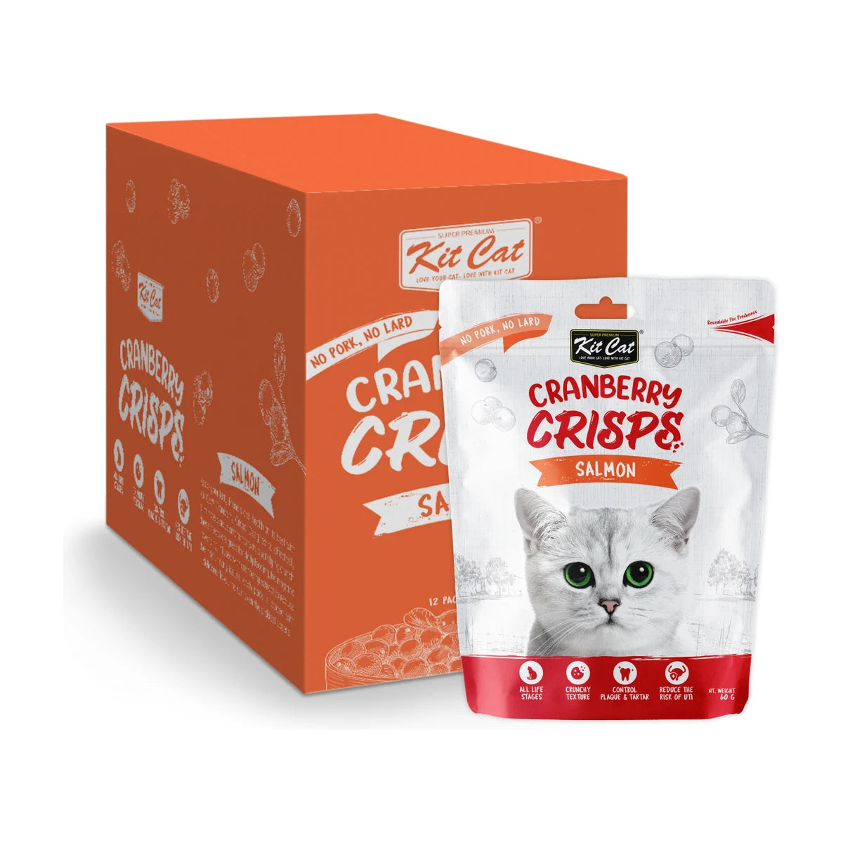 Kit Cat Cranberry Crisps Salmon Cat Treats 12 x 60g bulk pack showing orange display carton and individual 60g salmon-flavoured crunchy cat treat pouch with white kitten packaging.
