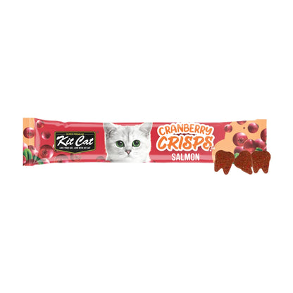 Kit Cat Cranberry Crisps Salmon 20g cat treat sachet displayed horizontally with three crunchy tooth-shaped treats on a white background.