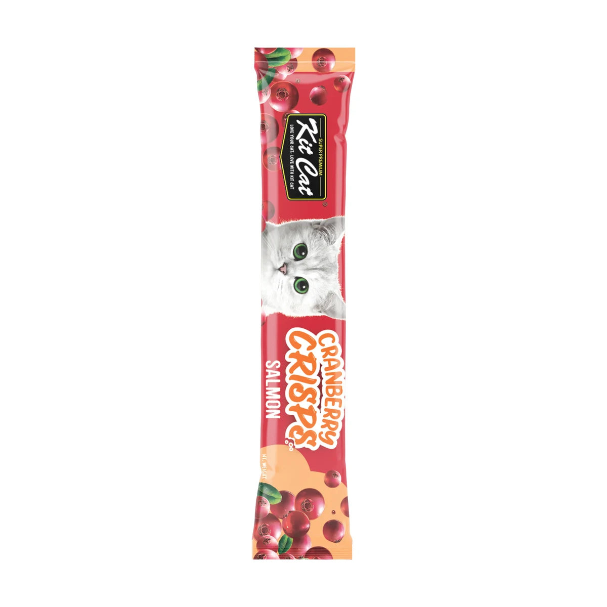 Individual Kit Cat Cranberry Crisps Salmon Cat Treats 20g sachet with red and orange packaging, white kitten design and cranberry illustrations.