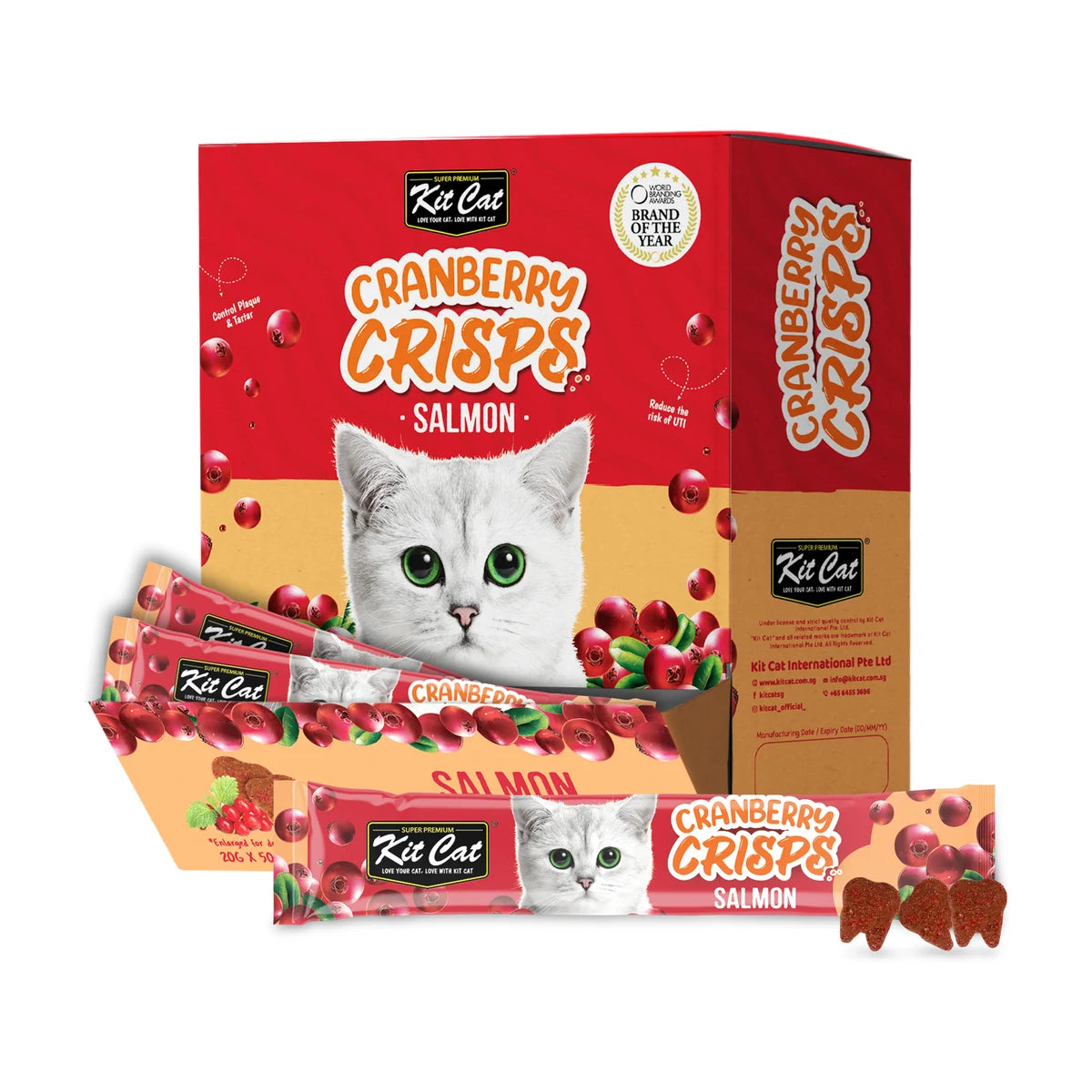 Kit Cat Cranberry Crisps Salmon Cat Treats bulk box containing 50 x 20g sachets, displayed with an individual salmon-flavoured treat packet and three tooth-shaped crunchy treats.