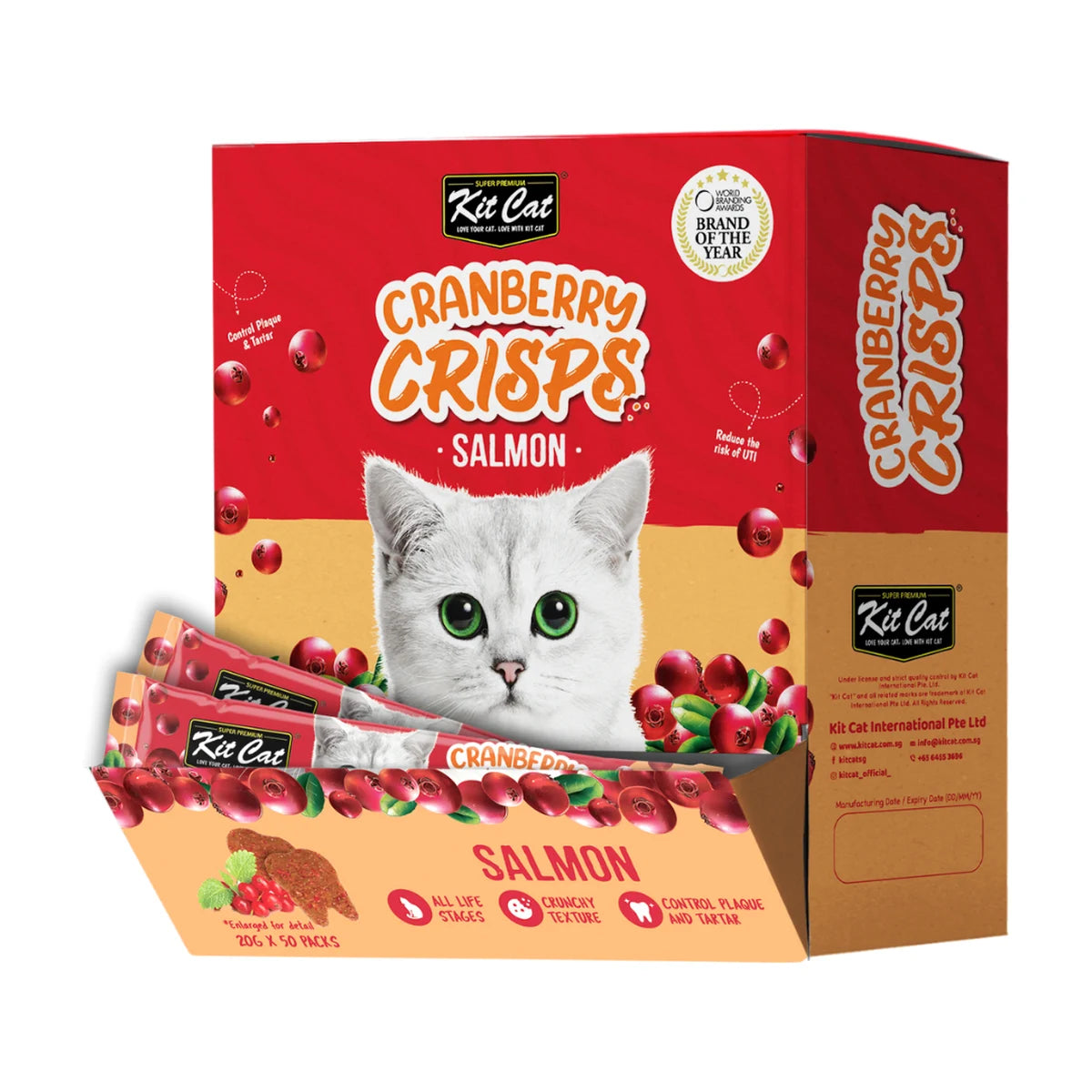 Kit Cat Cranberry Crisps Salmon Cat Treats display box of 50 individual 20g sachets, featuring red and orange packaging with a white kitten and cranberries.