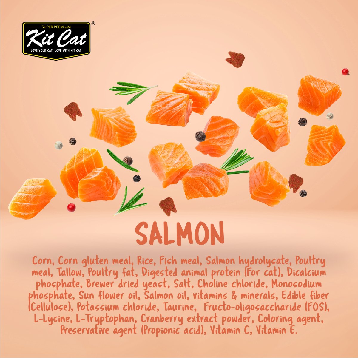 Kit Cat Cranberry Crisps Salmon flavour infographic featuring salmon pieces, tooth-shaped cat treats and the ingredient list on a peach-coloured background.