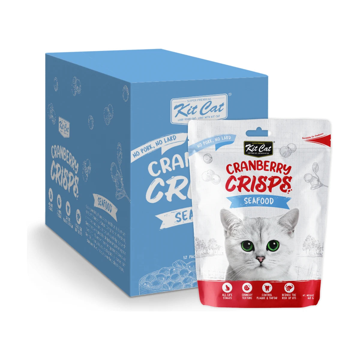 Kit Cat Cranberry Crisps Seafood Cat Treats 12 x 60g bulk pack showing blue display box and 60g seafood-flavoured crunchy cat treat pouch on a white background