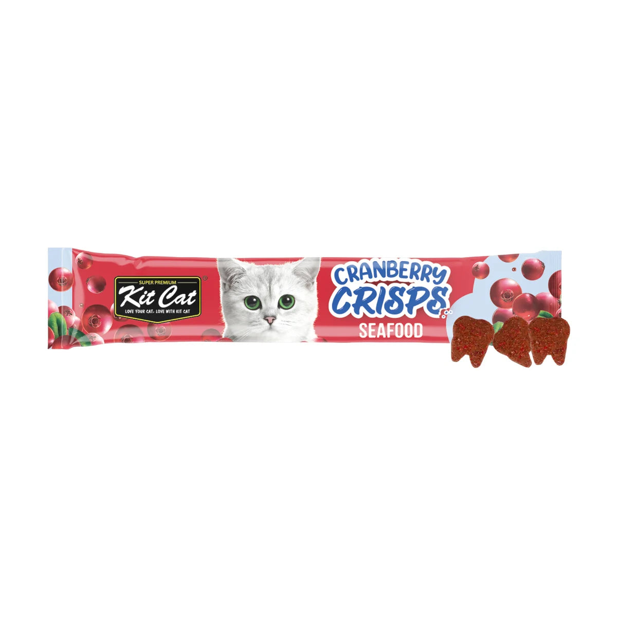 Kit Cat Cranberry Crisps Seafood 20g cat treat sachet displayed horizontally with three crunchy tooth-shaped treats on a white background.