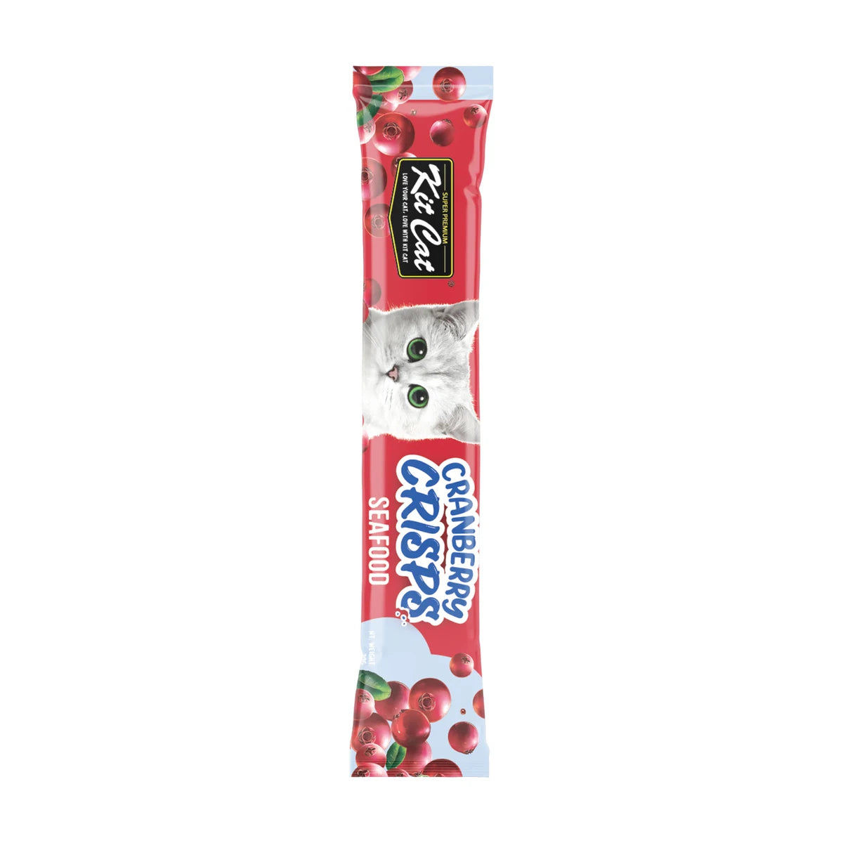 Individual Kit Cat Cranberry Crisps Seafood Cat Treats 20g sachet with red and light blue packaging, cranberry illustrations and white kitten design.