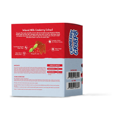 Back of Kit Cat Cranberry Crisps Seafood Cat Treats 50 x 20g box showing ingredients, guaranteed analysis, feeding instructions and product barcodes.