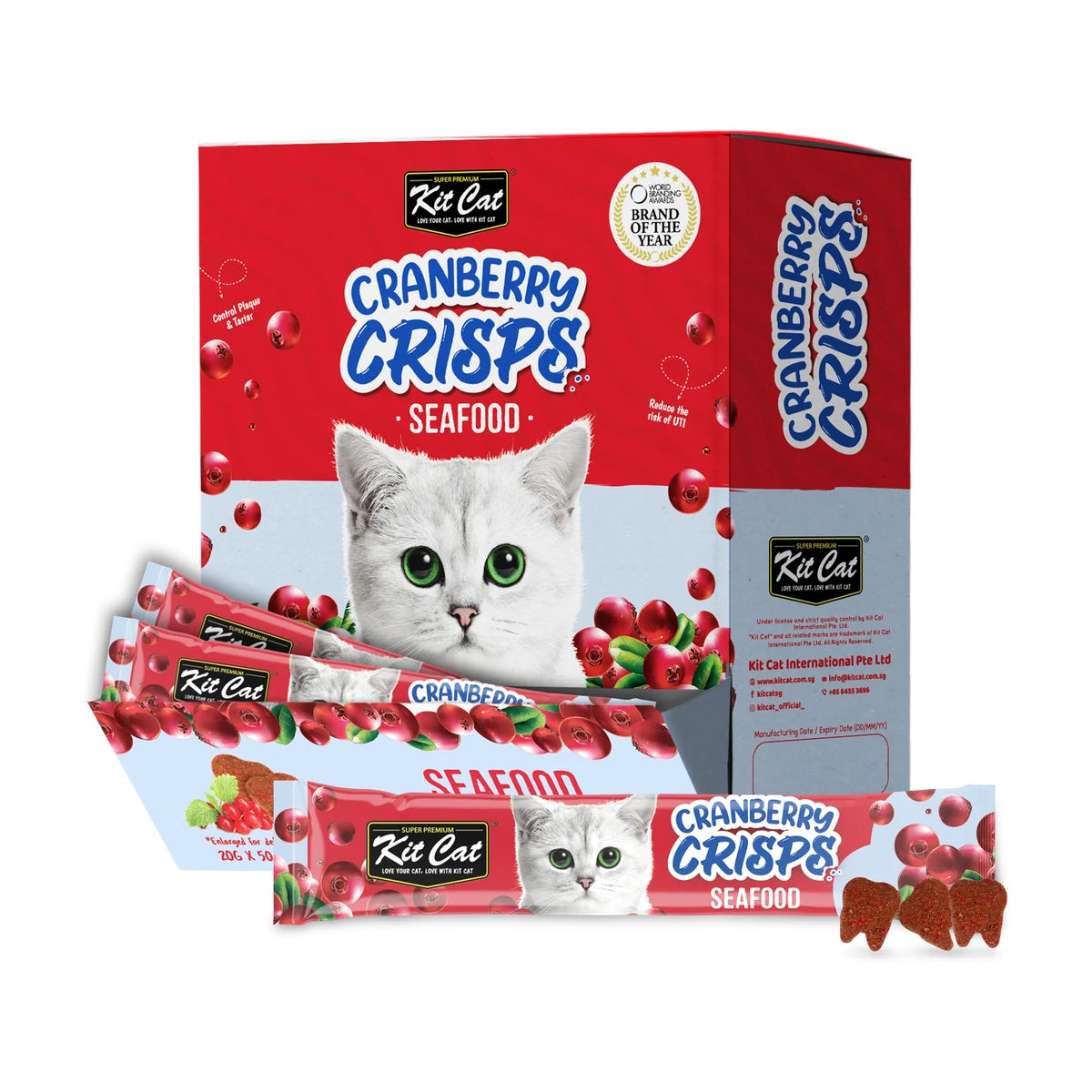 Kit Cat Cranberry Crisps Seafood Cat Treats bulk box of 50 x 20g sachets displayed with an individual seafood-flavoured sachet and three crunchy tooth-shaped treats.