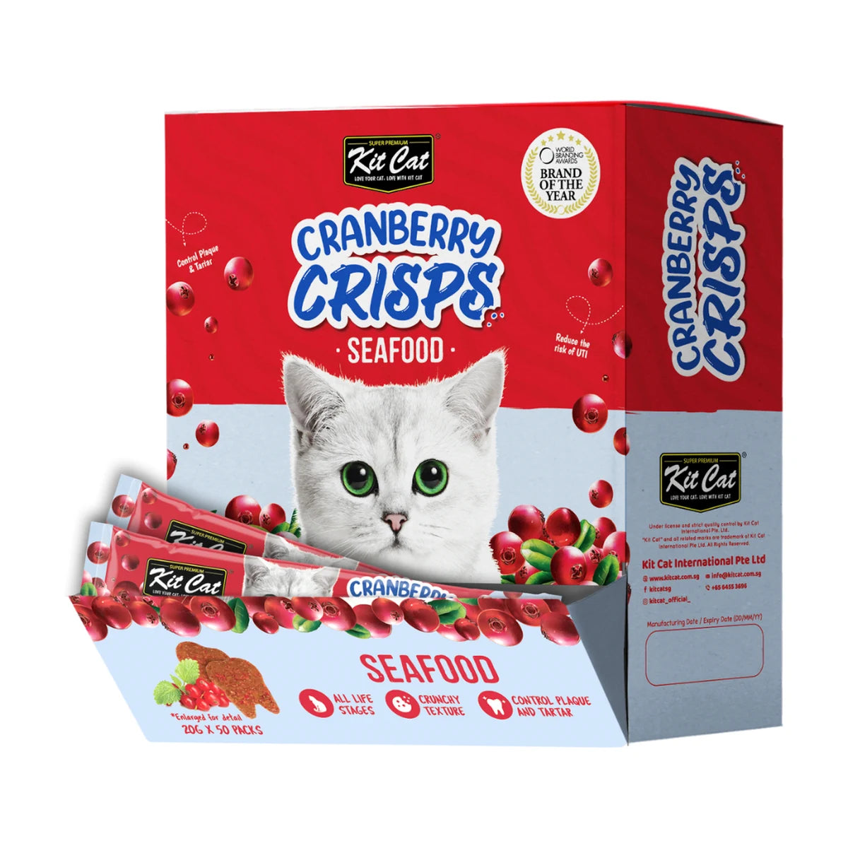 Kit Cat Cranberry Crisps Seafood Cat Treats bulk display box containing 50 individual 20g sachets, featuring red and light blue packaging with a white kitten design.