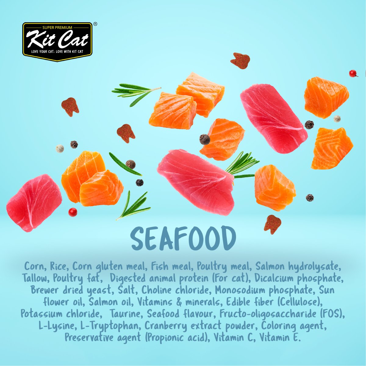 Kit Cat Cranberry Crisps Seafood ingredient infographic featuring illustrations of salmon and tuna pieces, tooth-shaped treats and the seafood ingredient list on a light blue background.